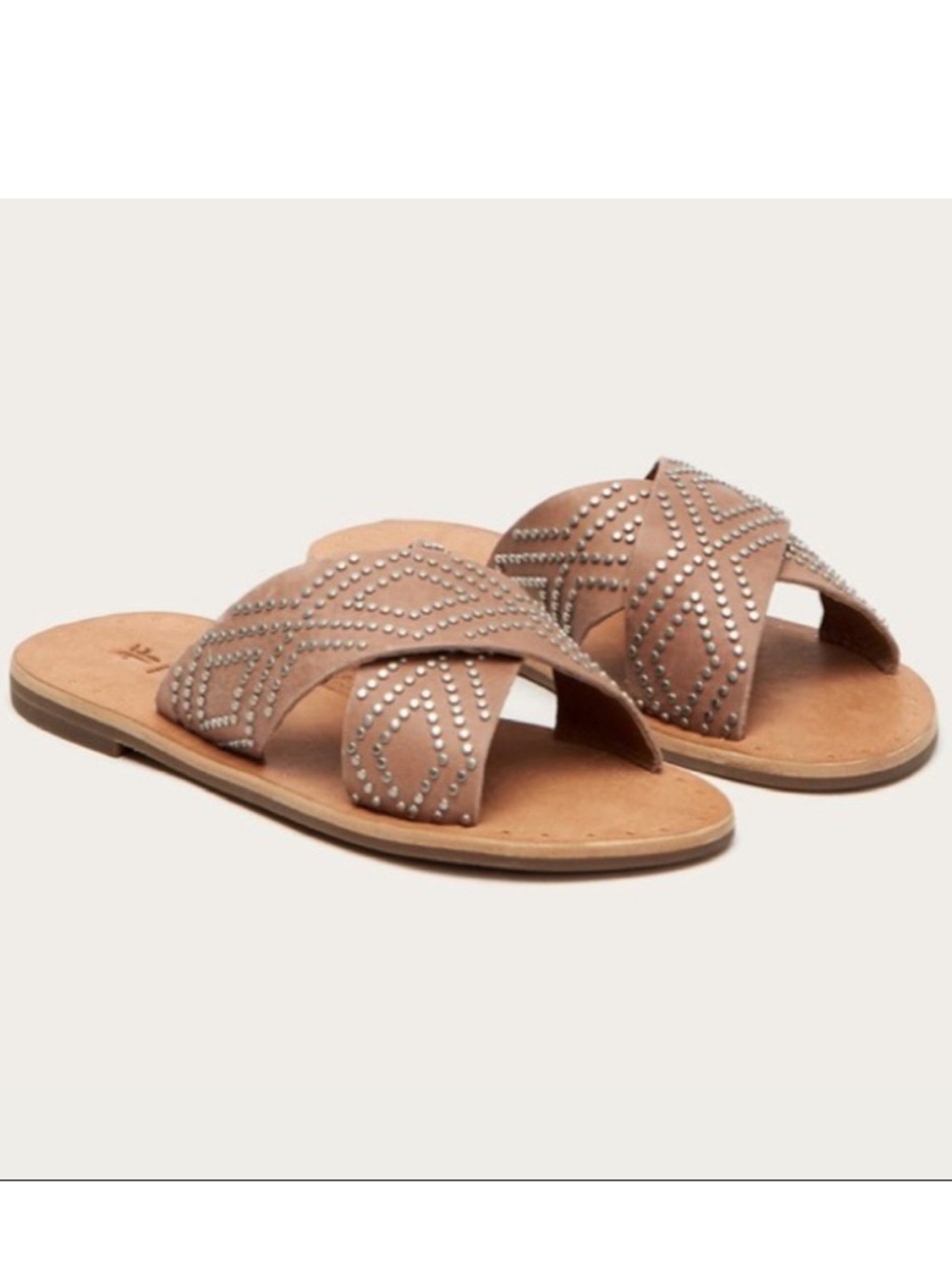 Frye Ally Deco Stud Slide Sandals Leather Tan Silver Studded Criss Cross Boho 9